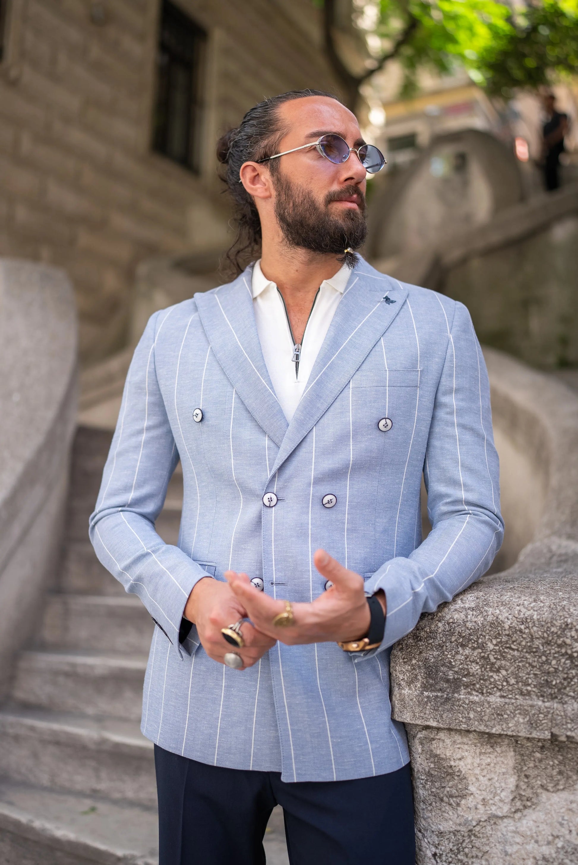 Brabion Noah Sky Blue Slim Fit Double Breasted Striped Blazer - BRABION