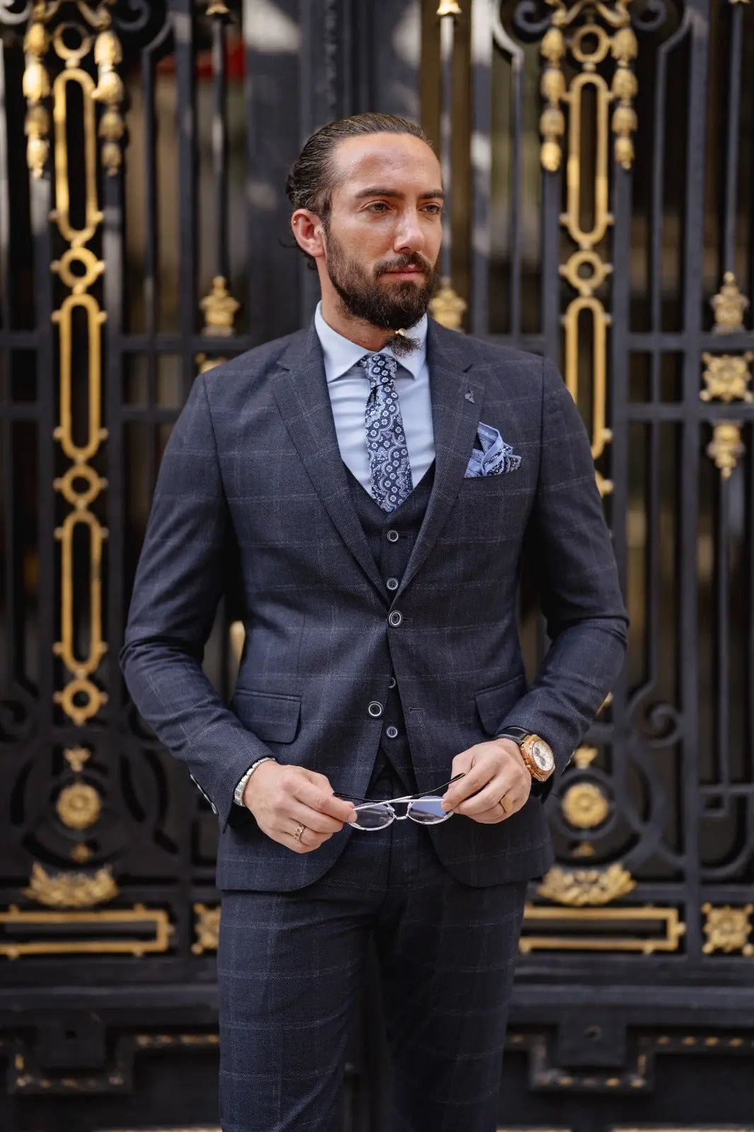 Paris Navy Blue Slim Fit Notch Lapel 3 Piece Check Suit brabion