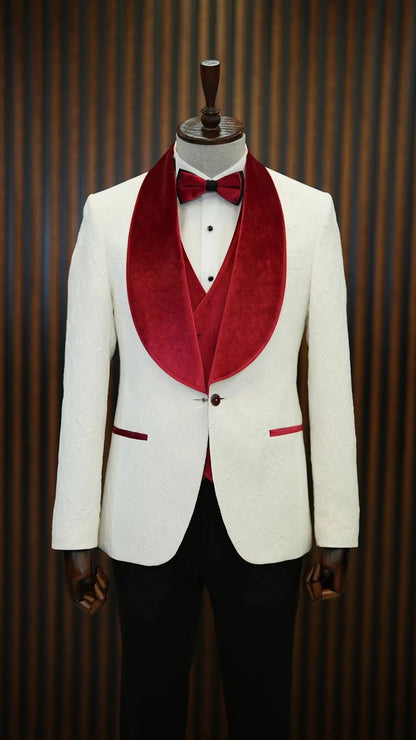 Fiore White Red Slim Fit Velvet Shawl Lapel Tuxedo - BRABION