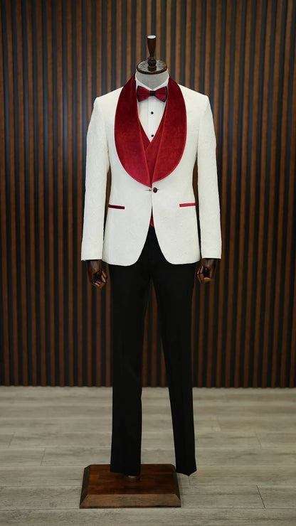 Fiore White Red Slim Fit Velvet Shawl Lapel Tuxedo - BRABION