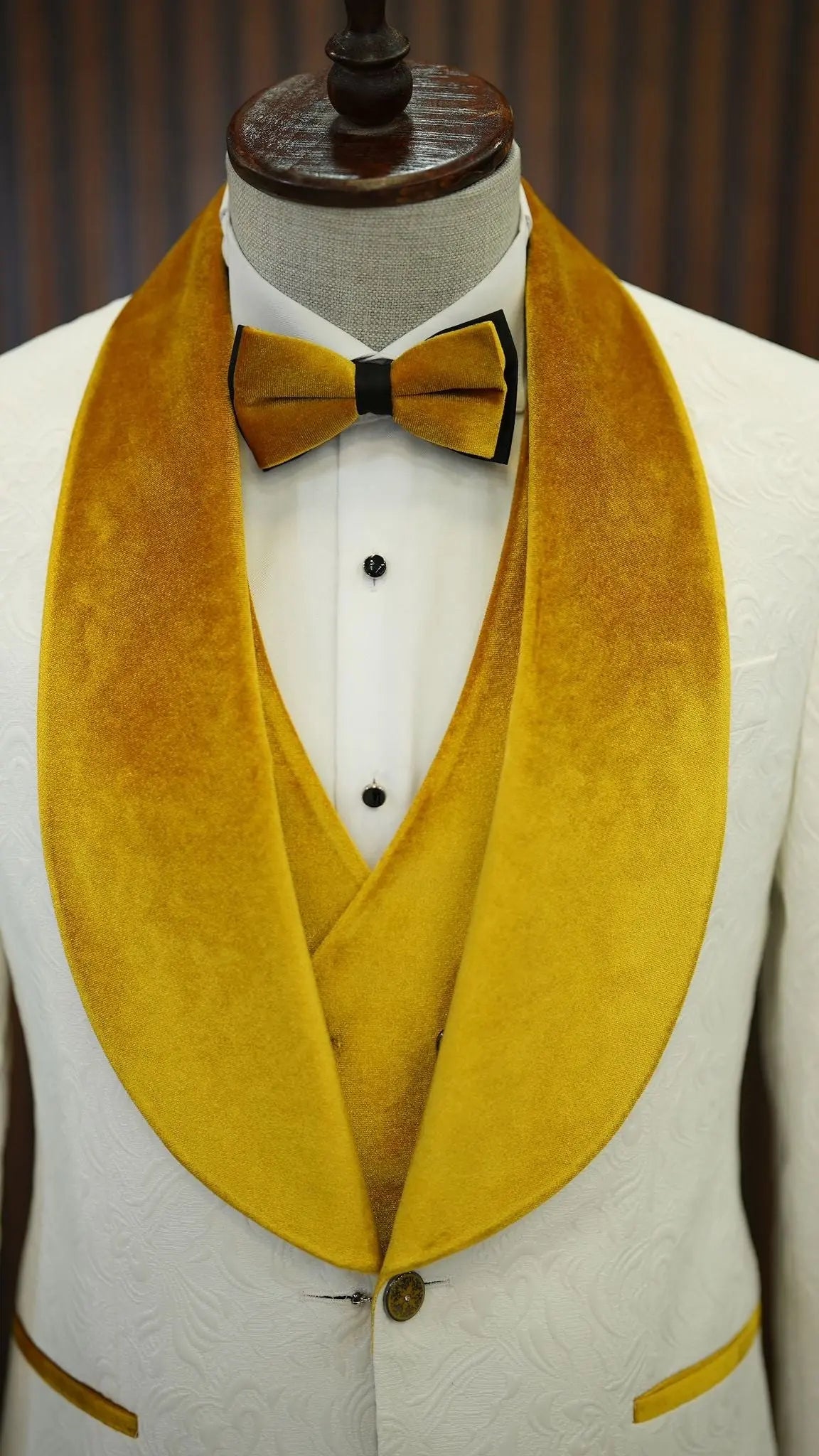 Fiore White Yellow Slim Fit Velvet Shawl Lapel Tuxedo - A Statement of Elegance - BRABION