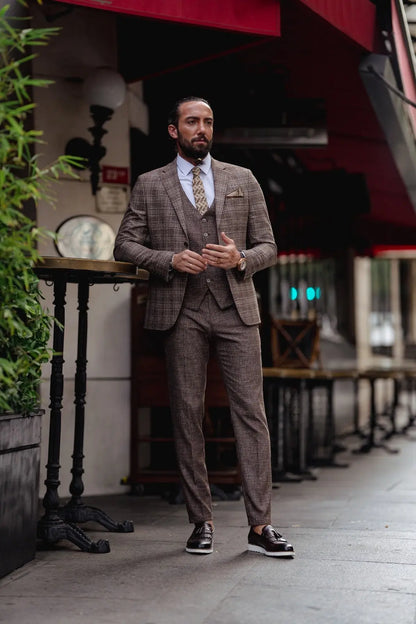 Paris Brown Slim Fit Notch Lapel 3 Piece Plaid Suit for Modern Men brabion