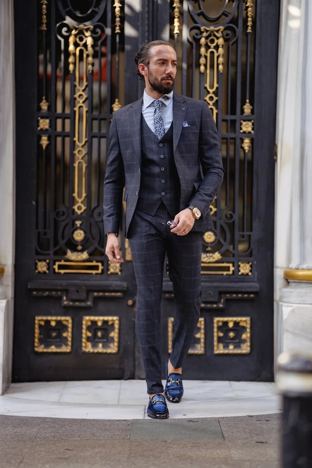 Paris Navy Blue Slim Fit Notch Lapel 3 Piece Check Suit brabion
