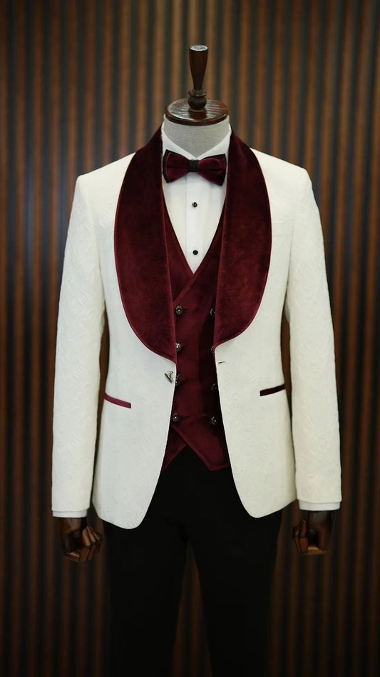 Fiore White Burgundy Slim Fit Velvet Shawl Lapel Tuxedo - BRABION