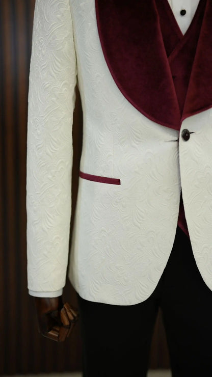 Fiore White Burgundy Slim Fit Velvet Shawl Lapel Tuxedo - BRABION