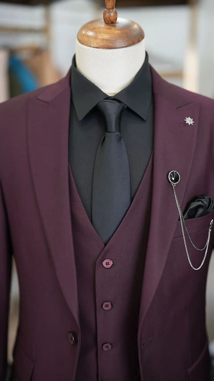 Paul Burgundy Slim Fit 3 Piece Peak Lapel Suit brabion