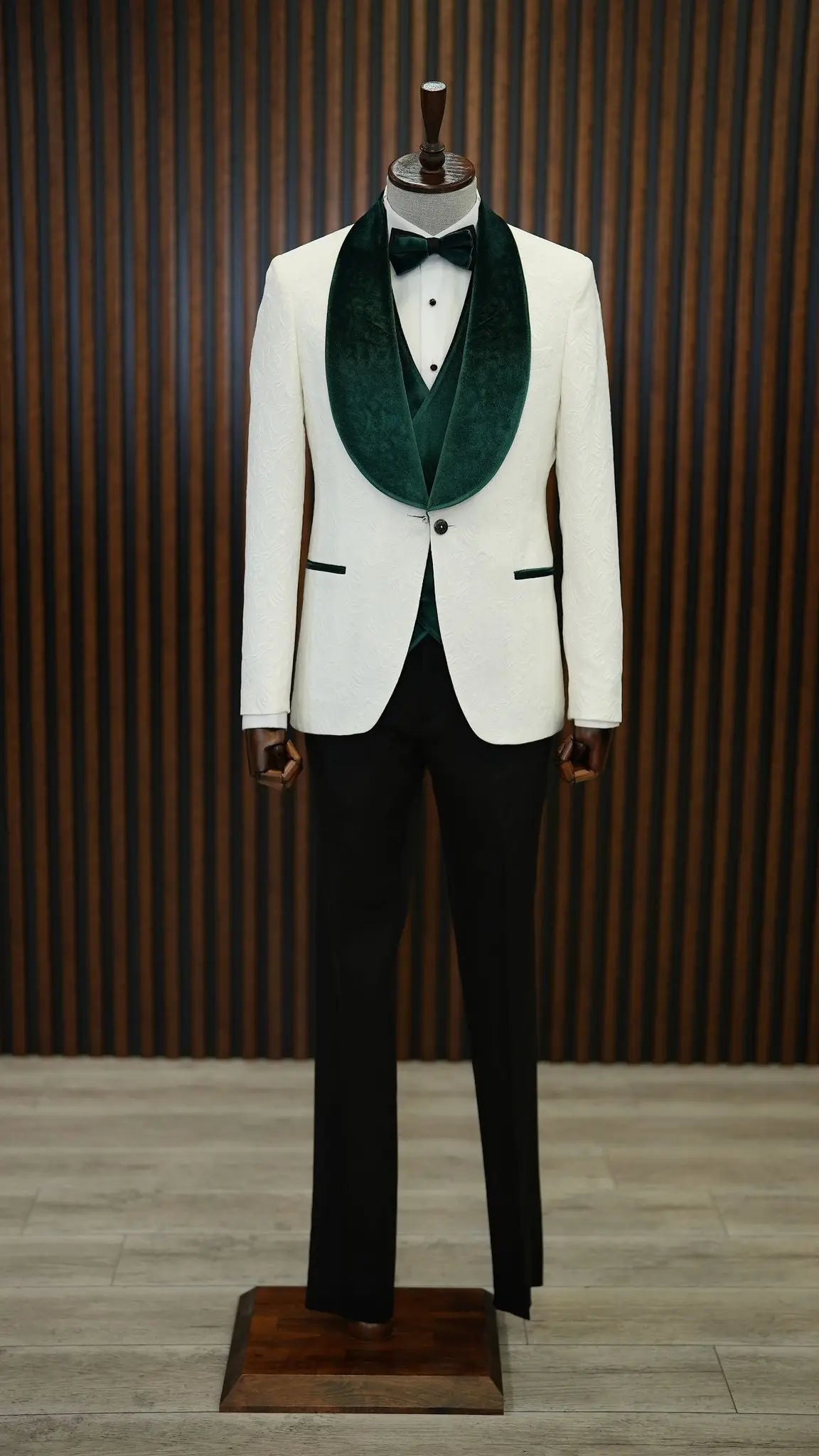 Fiore White Green Slim Fit Velvet Shawl Lapel Tuxedo for Modern Elegance - BRABION