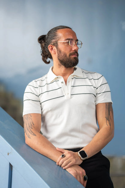 Brabion Maison Slim Fit Striped White Polo Shirt - BRABION