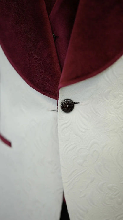 Fiore White Burgundy Slim Fit Velvet Shawl Lapel Tuxedo - BRABION