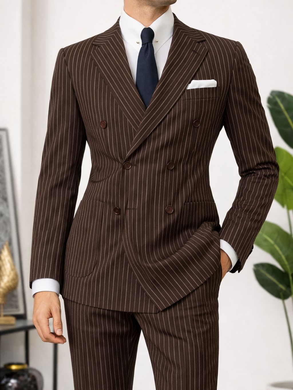 Brown Striped Double Breasted Suit 2-Piece - BRABION