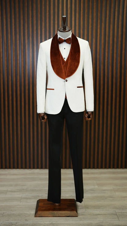 Fiore White Brown Slim Fit Velvet Shawl Lapel Tuxedo - BRABION