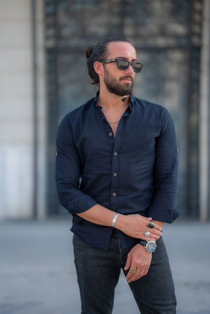 Brabion Alonso Black Slim Fit Crosshatch Casual Shirt - Elevate Your Wardrobe - BRABION