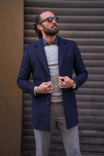 Brabion Navy Blue Slim Fit Single Breasted Long Coat - A Versatile Essential for Any Occasion - BRABION