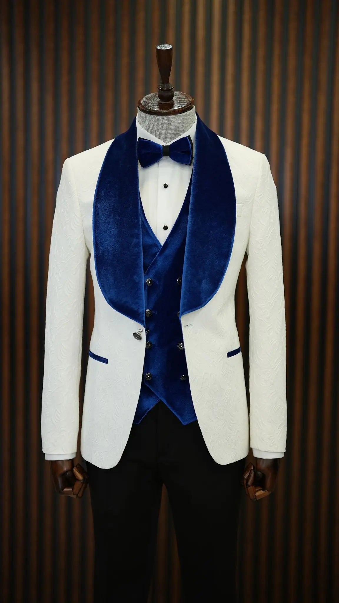 Fiore White Blue Slim Fit Velvet Shawl Lapel Tuxedo - BRABION