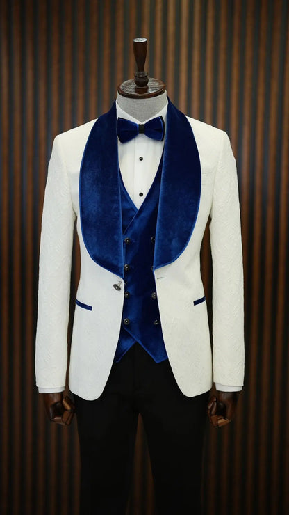 Fiore White Blue Slim Fit Velvet Shawl Lapel Tuxedo - BRABION