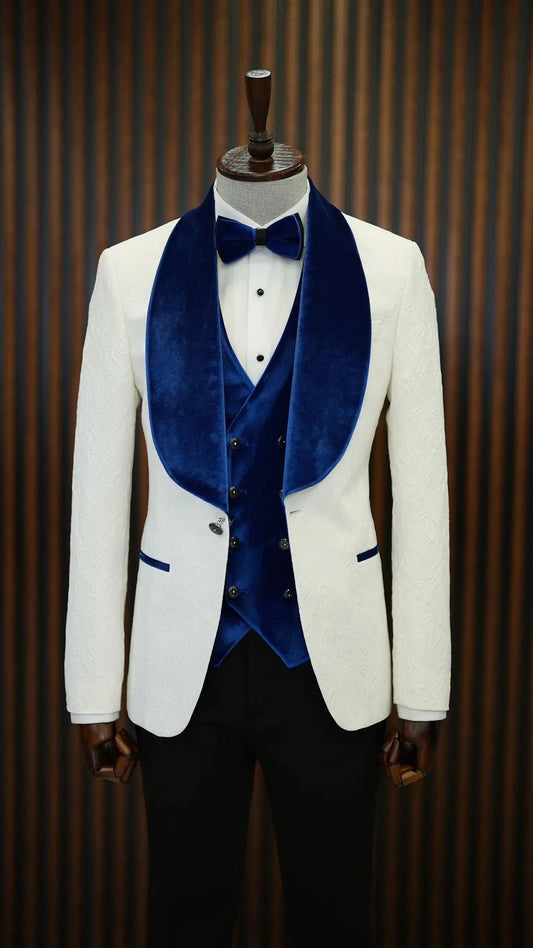 Fiore White Blue Slim Fit Velvet Shawl Lapel Tuxedo - BRABION
