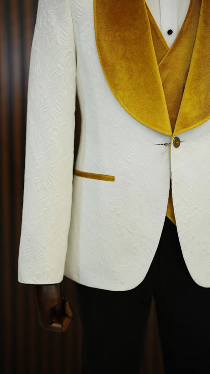 Fiore White Yellow Slim Fit Velvet Shawl Lapel Tuxedo - A Statement of Elegance - BRABION