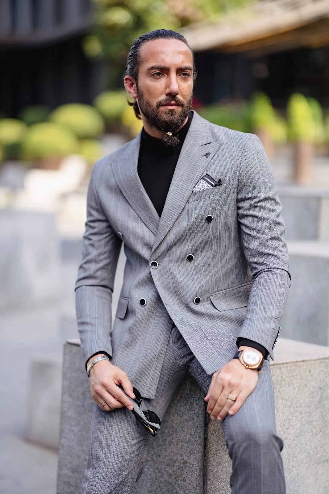 Paris Gray Slim Fit Peak Lapel Double Breasted Striped Suit brabion