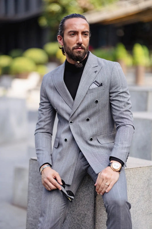 Paris Gray Slim Fit Peak Lapel Double Breasted Striped Suit brabion