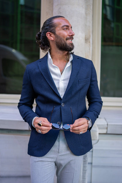 Brabion Alonso Navy Blue Slim Fit Notch Lapel Blazer - BRABION