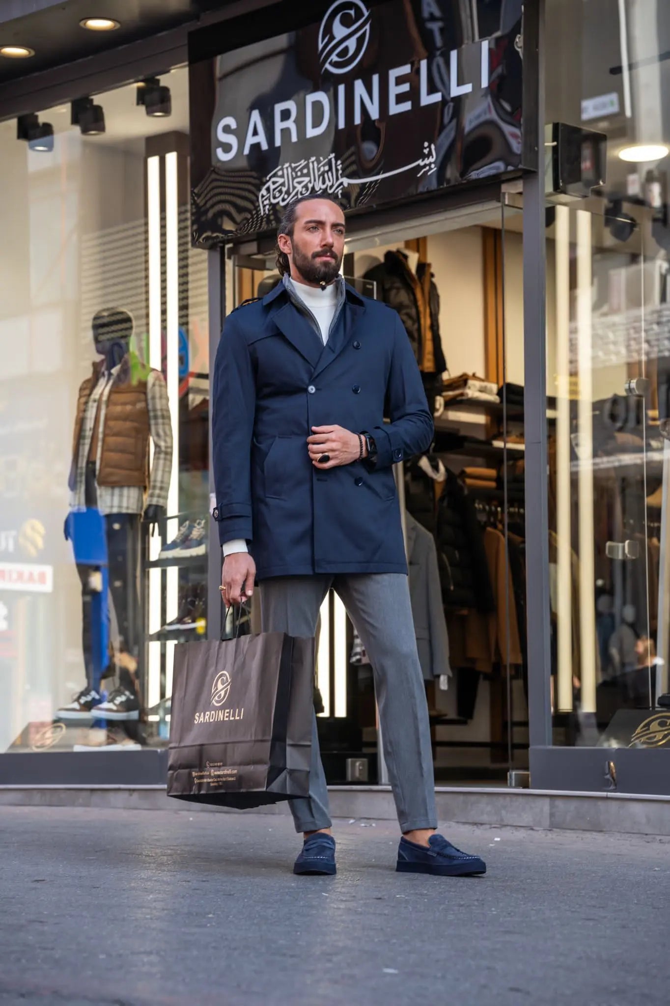 Brabion Navy Blue Slim Fit Double Breasted Long Coat - BRABION