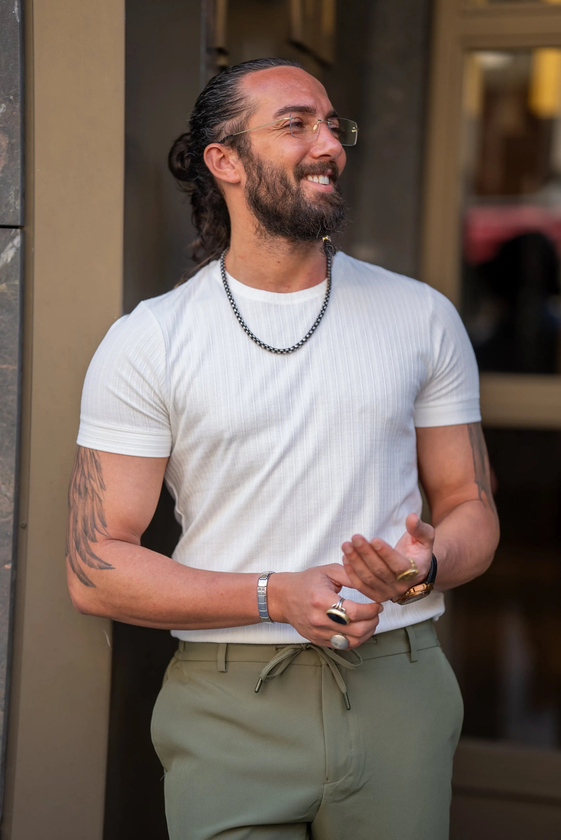 Brabion Alonso White Slim Fit Crew Neck Striped T-Shirt - BRABION
