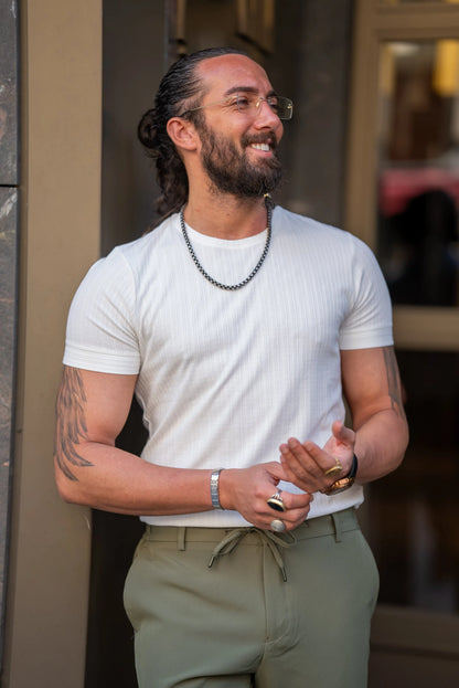 Brabion Alonso White Slim Fit Crew Neck Striped T-Shirt - BRABION