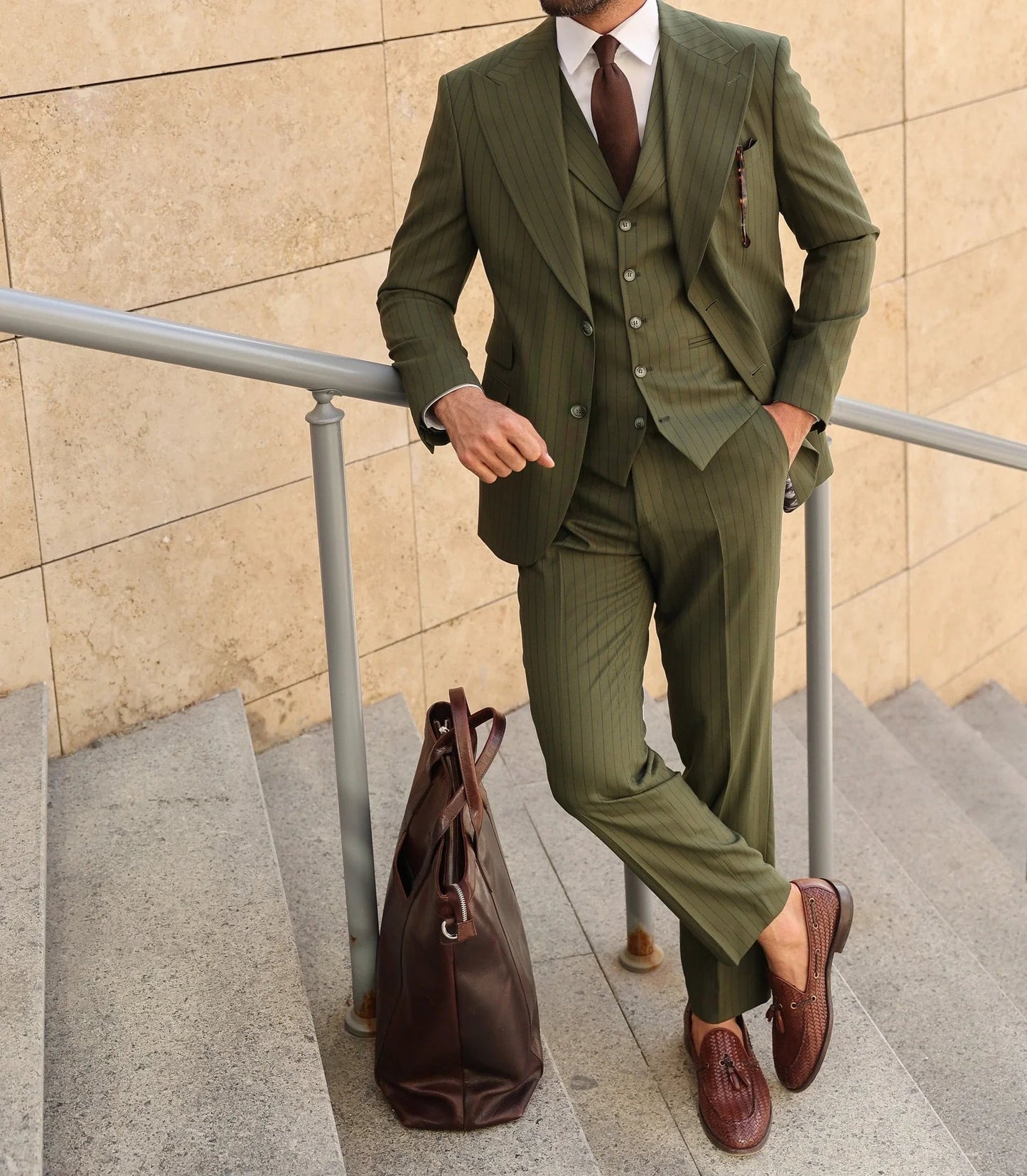Khaki Striped Slim-Fit Suit 3-Piece VIOSSI