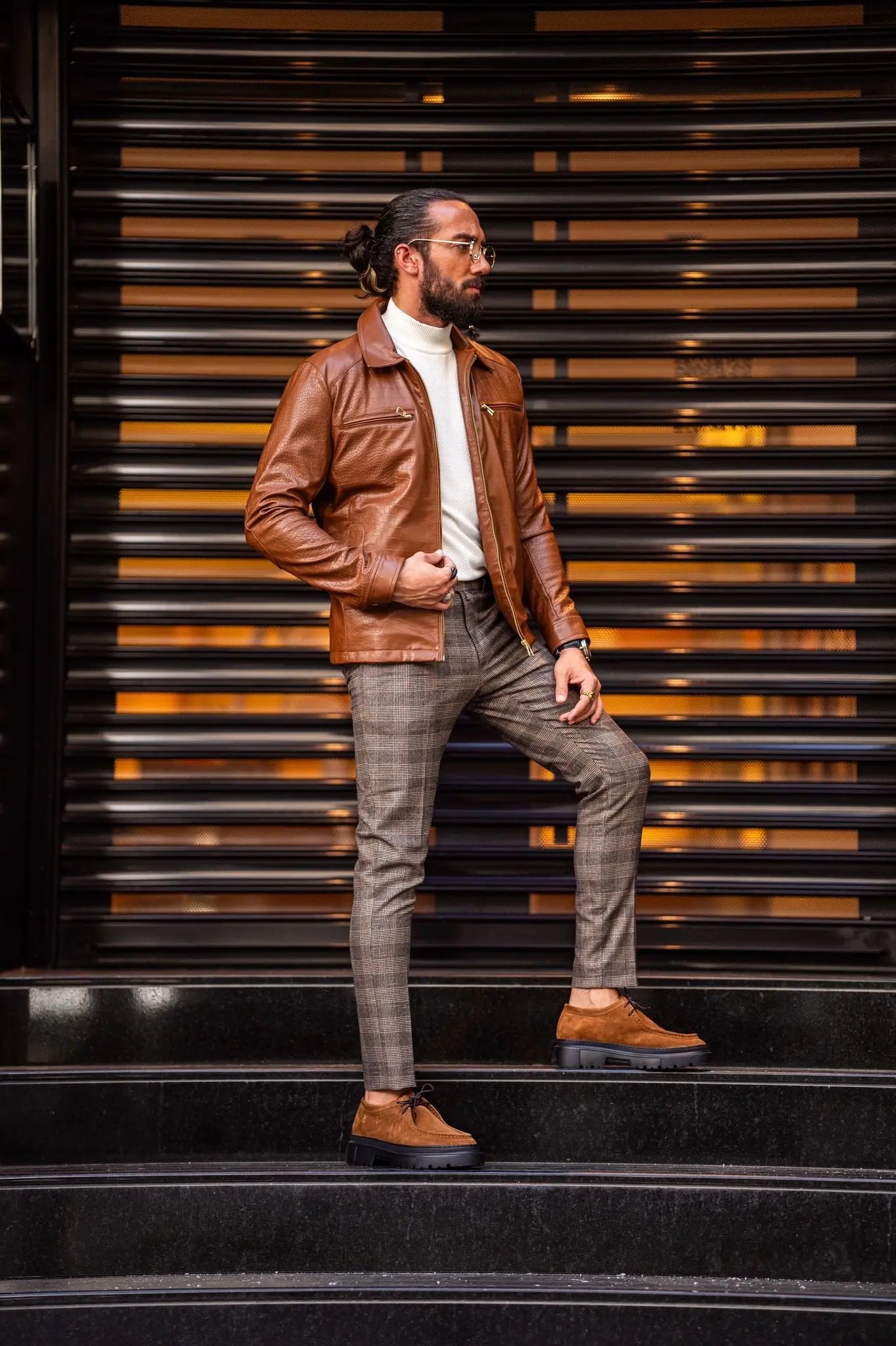 Paris Tan Slim Fit Zipper Leather Jacket - BRABION