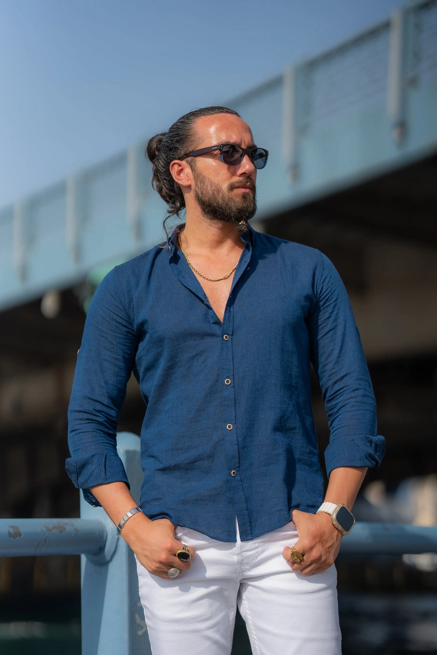 Brabion Alonso Navy Blue Slim Fit Crosshatch Casual Shirt - BRABION