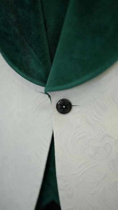 Fiore White Green Slim Fit Velvet Shawl Lapel Tuxedo for Modern Elegance - BRABION