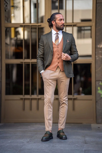 Ardean Khaki Slim Fit Notch Lapel 3 Piece Combination Suit brabion