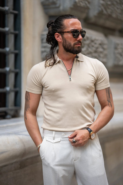 Brabion Tauris Beige Slim Fit Zippers Polo Shirt - BRABION