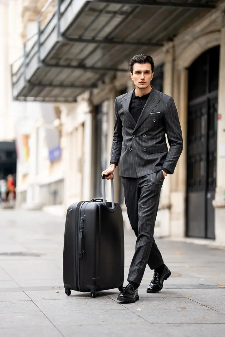 Brabion Black Double-Breasted Suit with Pinstripes brabion