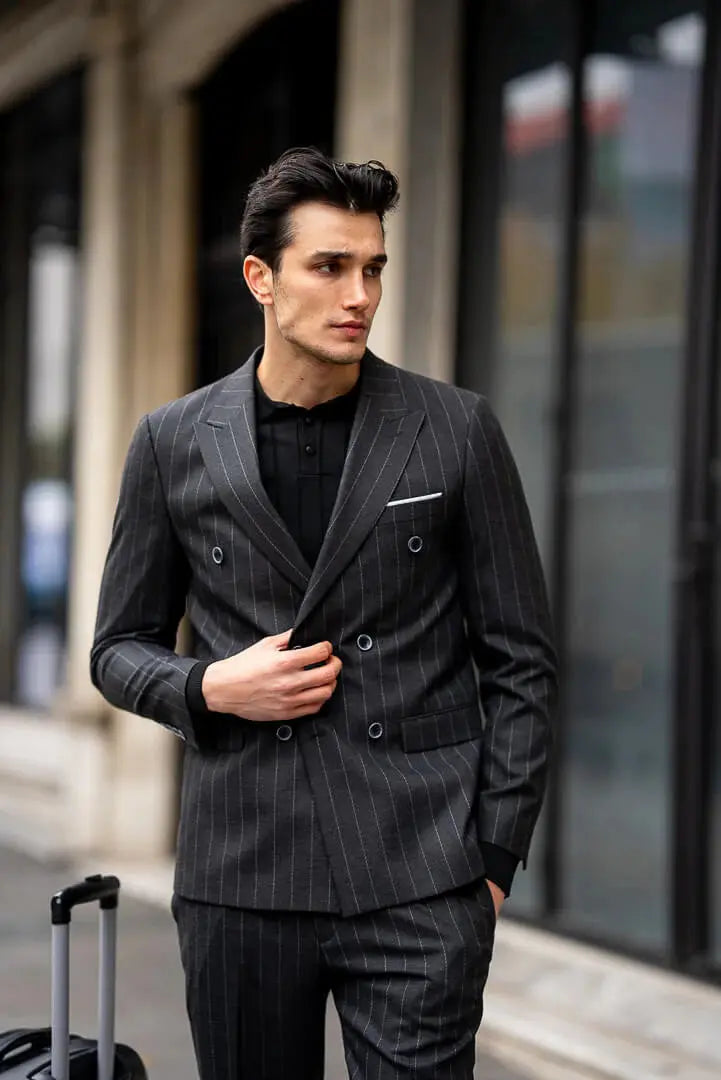 Brabion Black Double-Breasted Suit with Pinstripes brabion