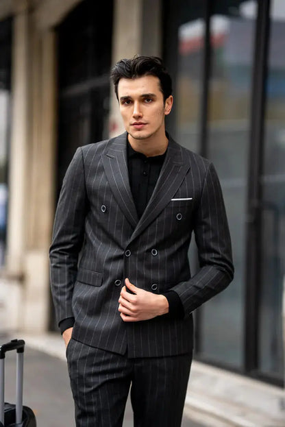 Brabion Black Double-Breasted Suit with Pinstripes brabion