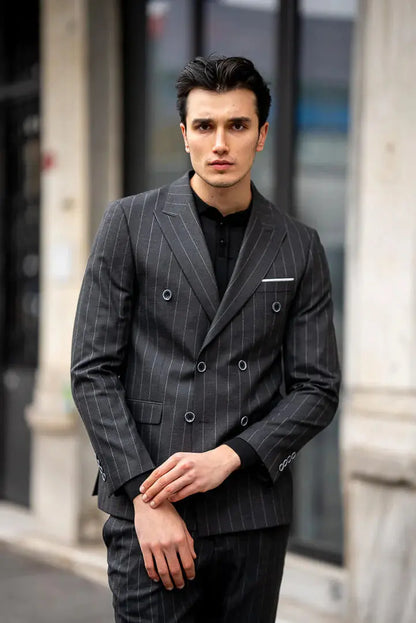Brabion Black Double-Breasted Suit with Pinstripes brabion