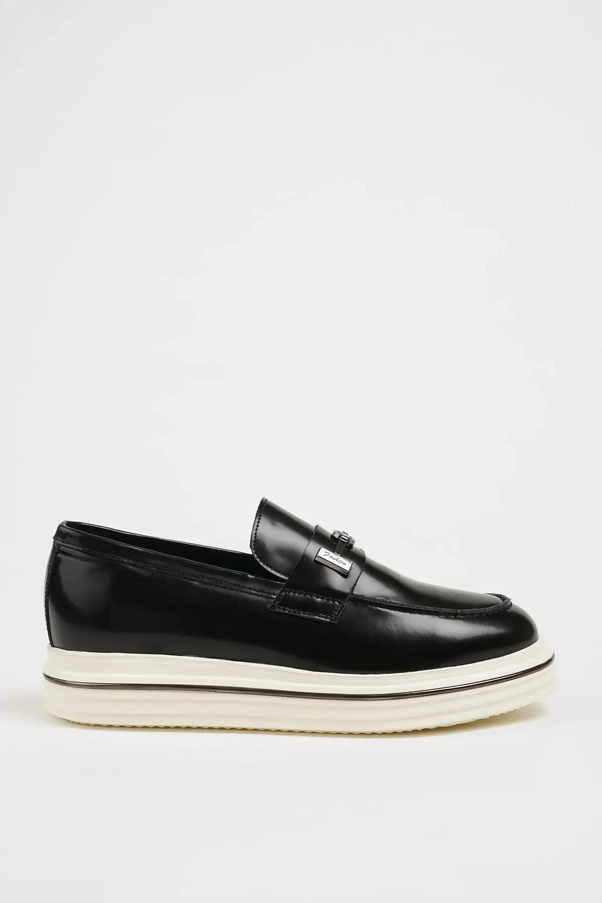 Maison Black Leather Casual Loafers with Open Leather Buckle Detail - BRABION