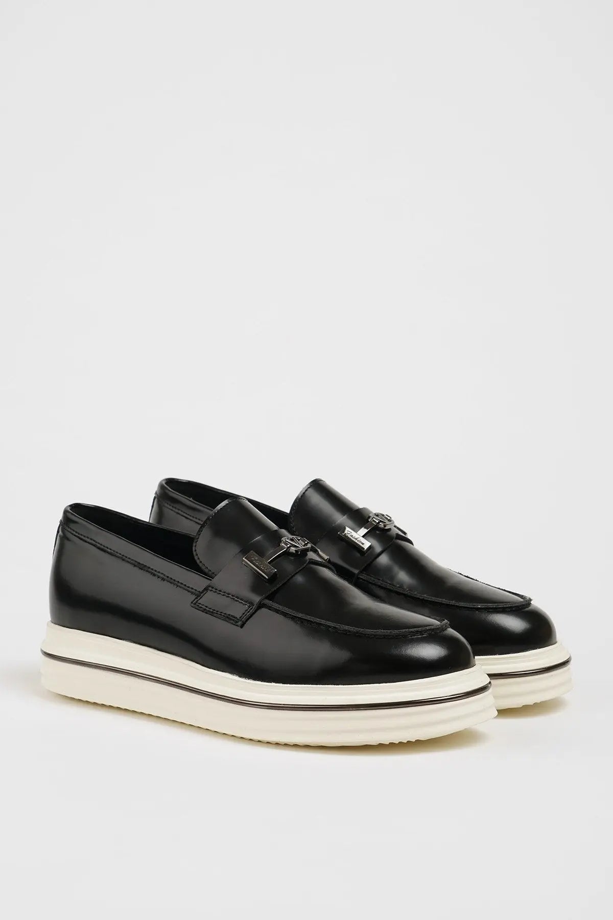 Maison Black Leather Casual Loafers with Open Leather Buckle Detail - BRABION