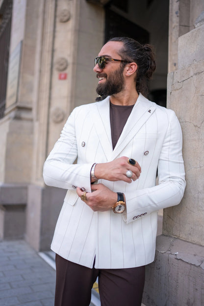 Brabion Noah White Slim Fit Double Breasted Striped Blazer - BRABION