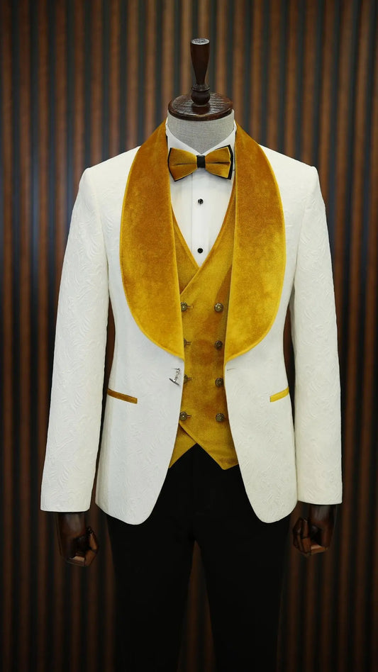 Fiore White Yellow Slim Fit Velvet Shawl Lapel Tuxedo - A Statement of Elegance - BRABION