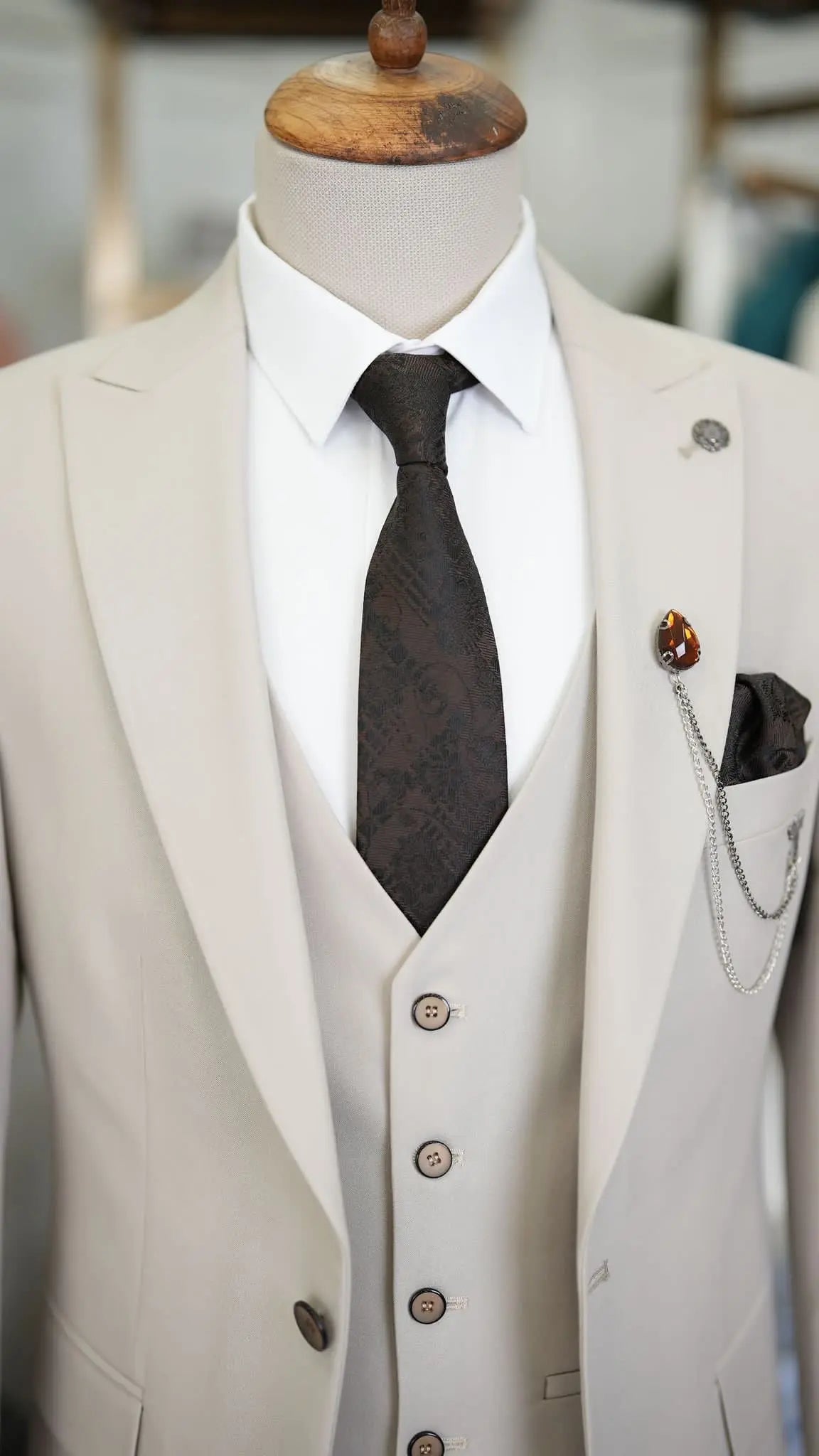 Paul Beige Slim Fit 3 Piece Peak Lapel Suit brabion
