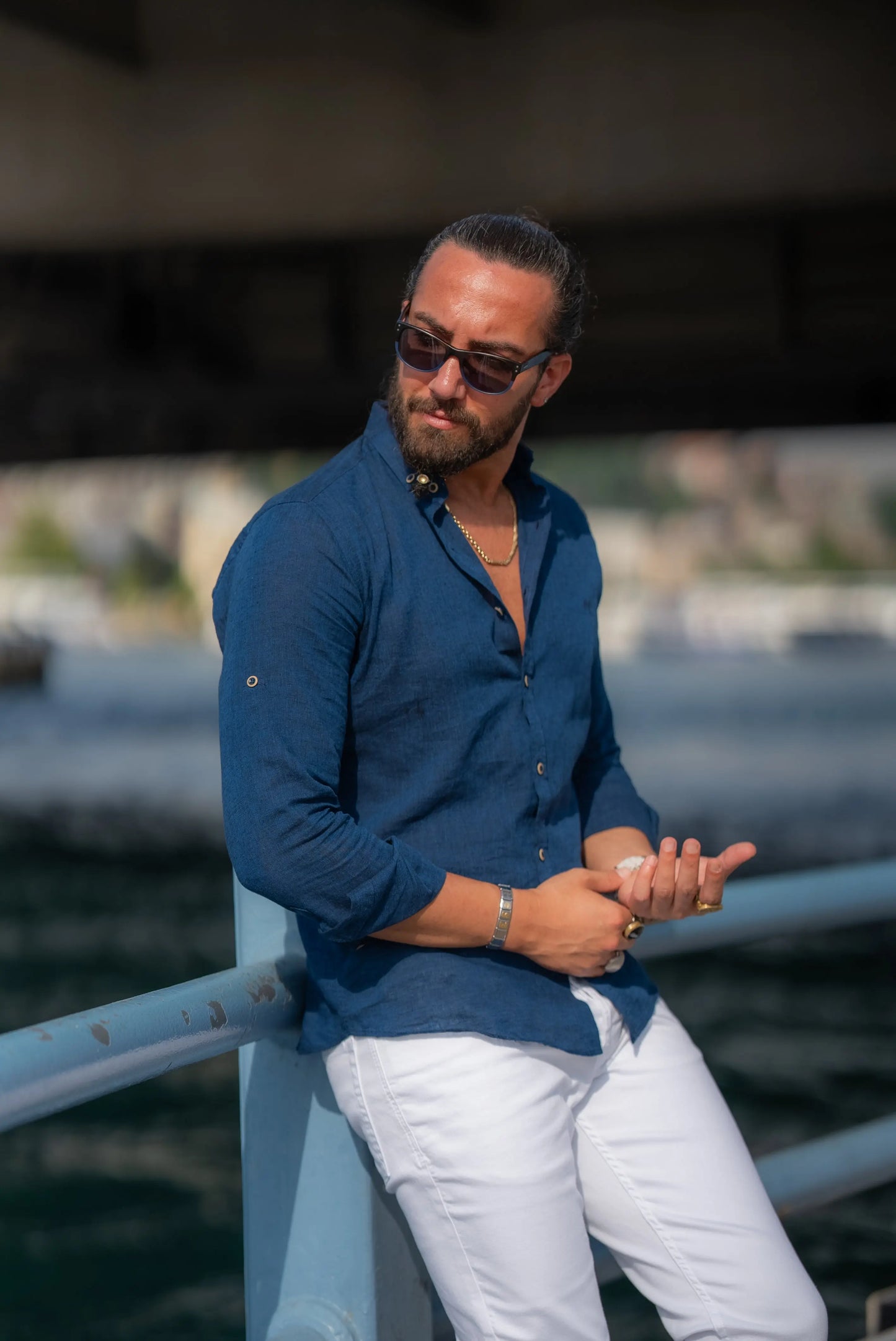Brabion Alonso Navy Blue Slim Fit Crosshatch Casual Shirt - BRABION