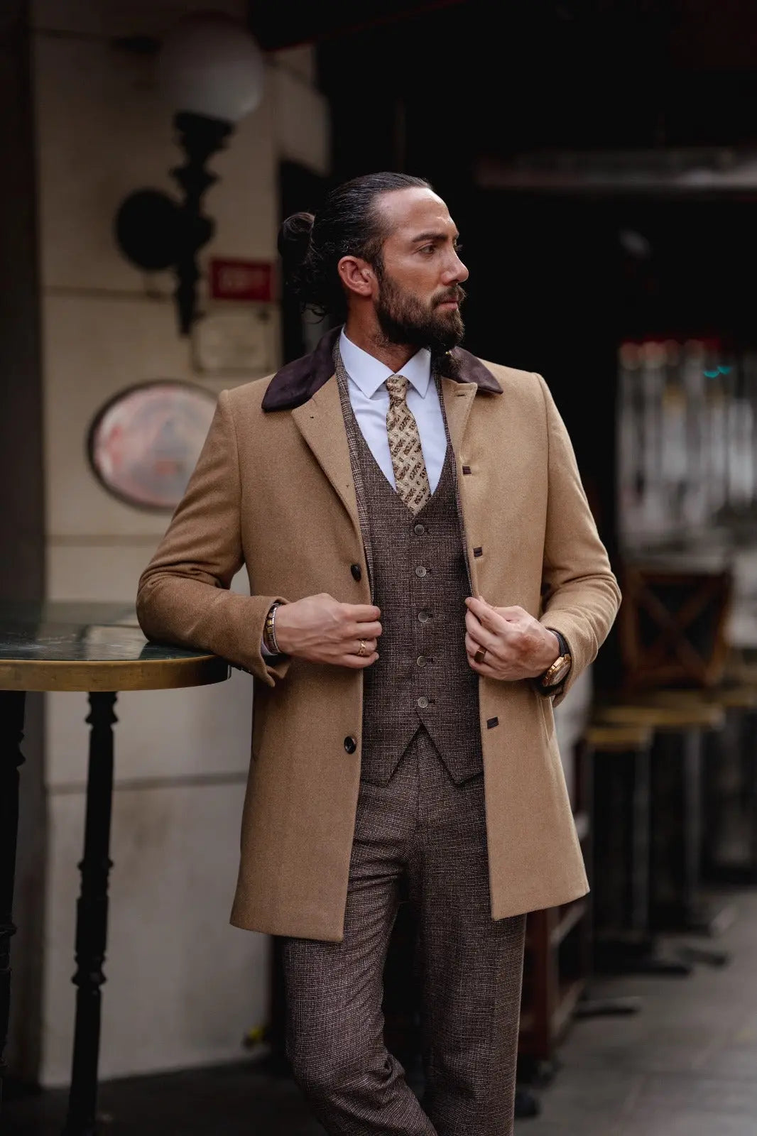 Paris Slim Fit Fur Detailed Camel Woolen Coat - BRABION