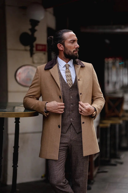 Paris Slim Fit Fur Detailed Camel Woolen Coat - BRABION