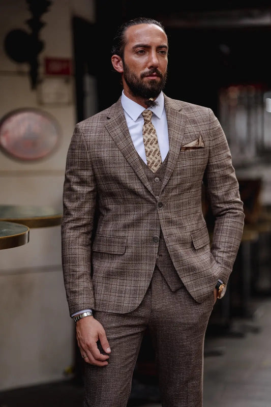 Paris Brown Slim Fit Notch Lapel 3 Piece Plaid Suit for Modern Men brabion