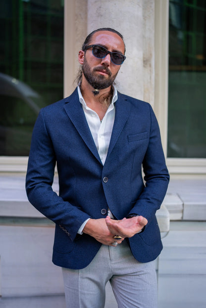 Brabion Alonso Navy Blue Slim Fit Notch Lapel Blazer - BRABION