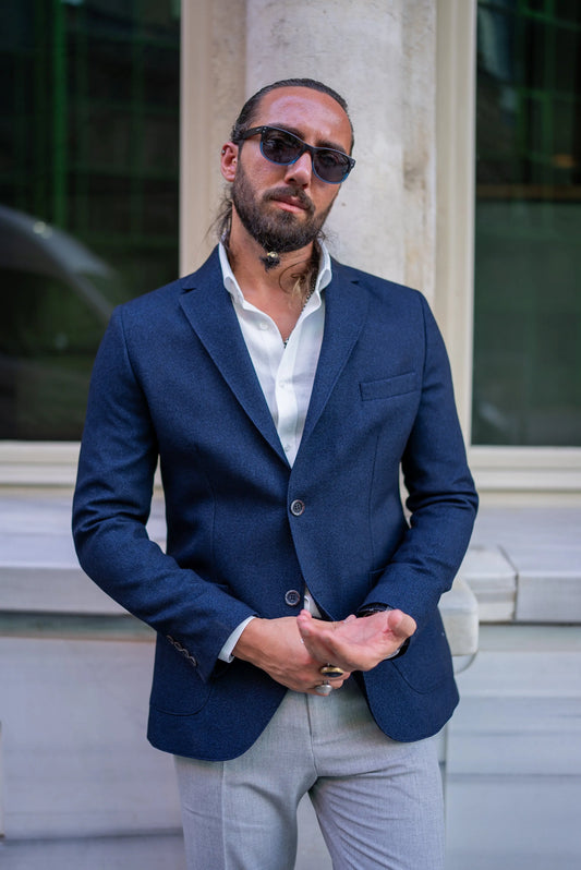 Brabion Alonso Navy Blue Slim Fit Notch Lapel Blazer - BRABION
