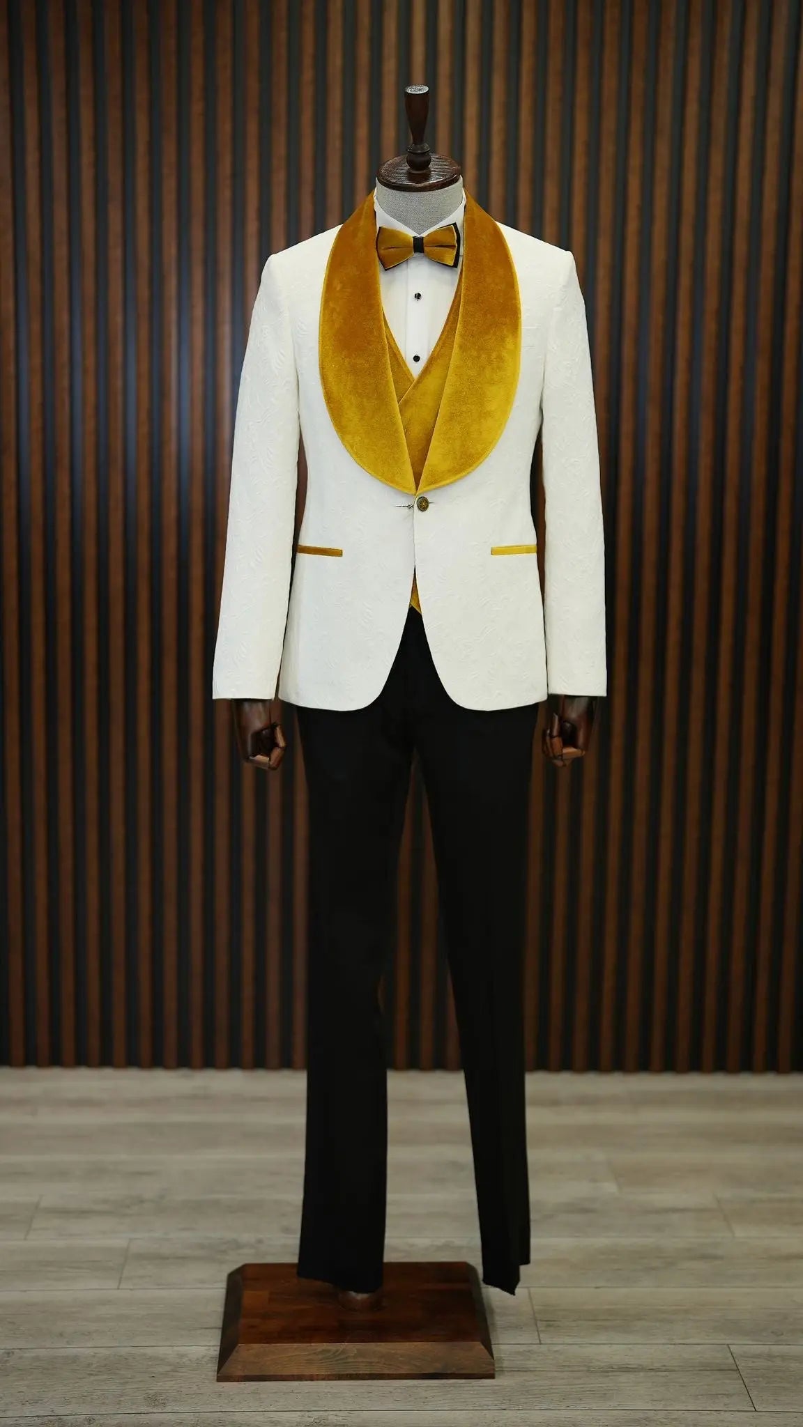 Fiore White Yellow Slim Fit Velvet Shawl Lapel Tuxedo - A Statement of Elegance - BRABION