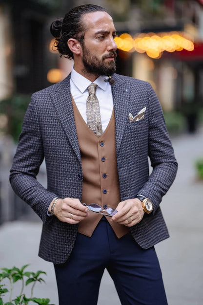 Paris Navy Blue Slim Fit Peak Lapel 3 Piece Combined Suit brabion